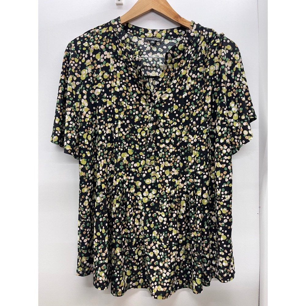 Ava & Grace Woman Green Polka Dot Confetti Blouse Black Short Sleeve 2X Top